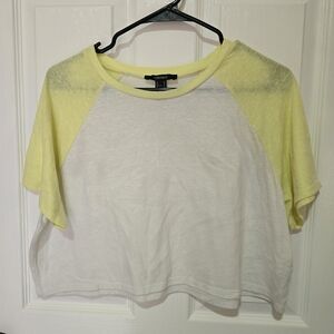 Forever 21 White Crop Tee with Pale Yellow Raglan Sleeves